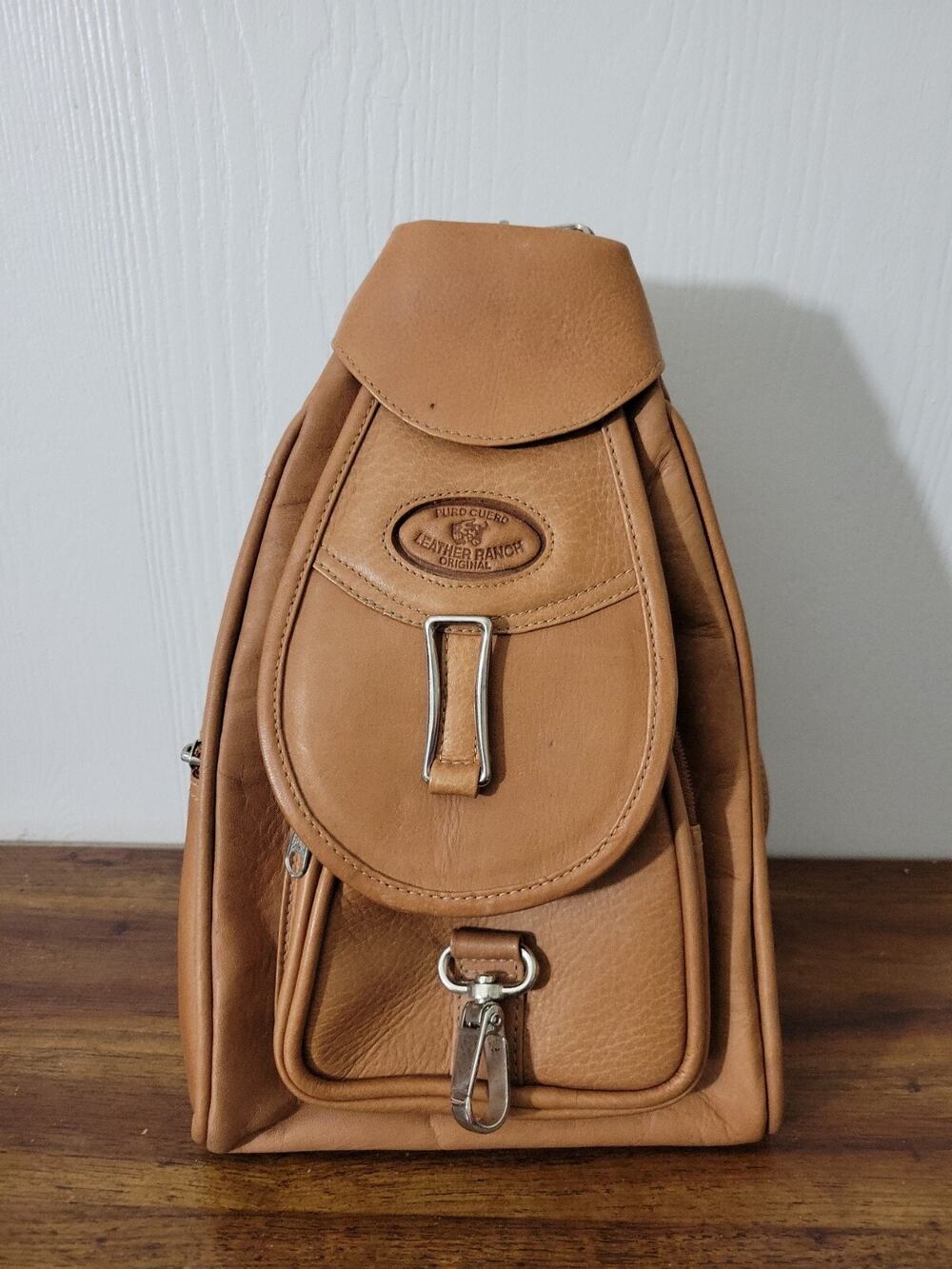 Puro Cuero Original Backpack Brown Leather Bag Zippers Tan Adjustable Straps 13"